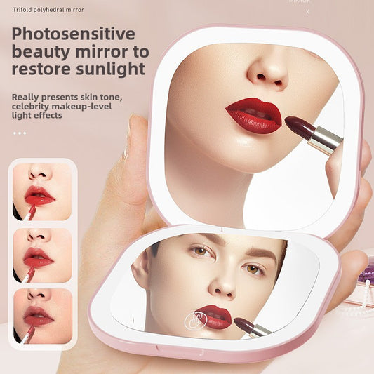 Pocet Makeup Mirror Touch Compact Led 3 Colors Mini Foldable Cosmetic Charge Makeup Mirror With Light Magnifying Small Pocket Travel